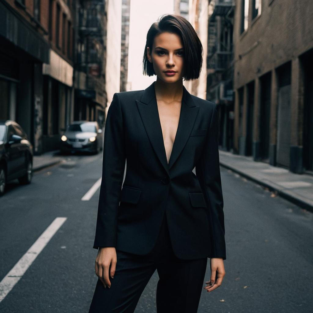 Confident Woman in Black Suit Jacket on Urban Street