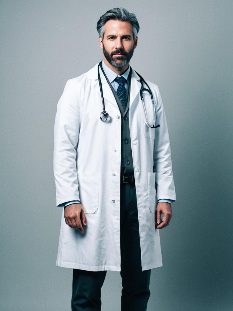 Man in White Coat Full Body Cosplay Photo Styled as Scientist or Doctor