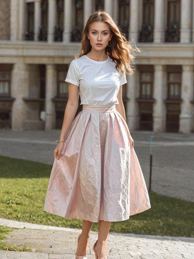 Elegant Woman in Pink Skirt Against Classical Architecture