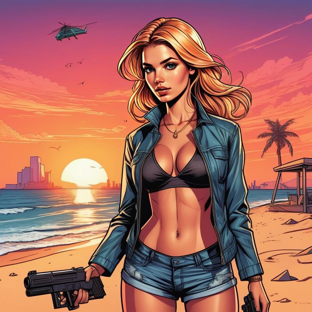 Confident Woman on Beach at Sunset with Pistols