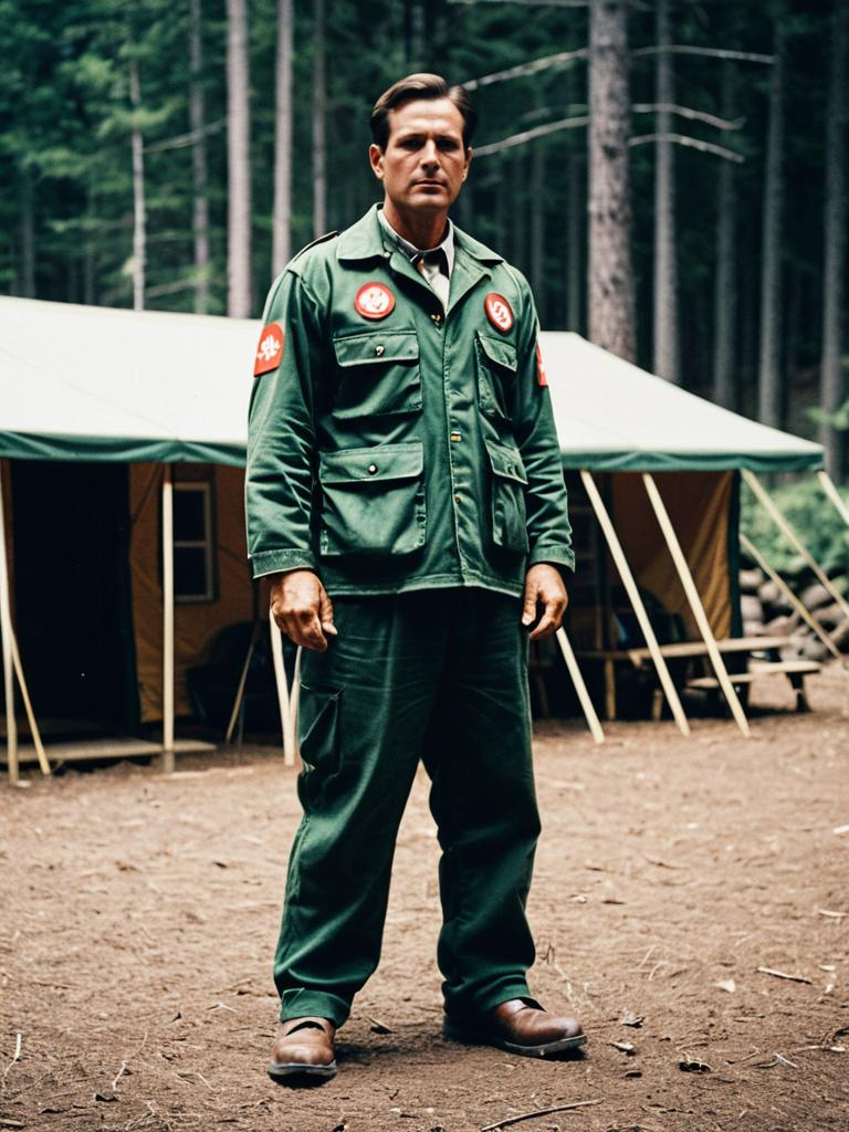 Man in Counselor Camp Uniform Standing Outdoors with Tent and Forest Background