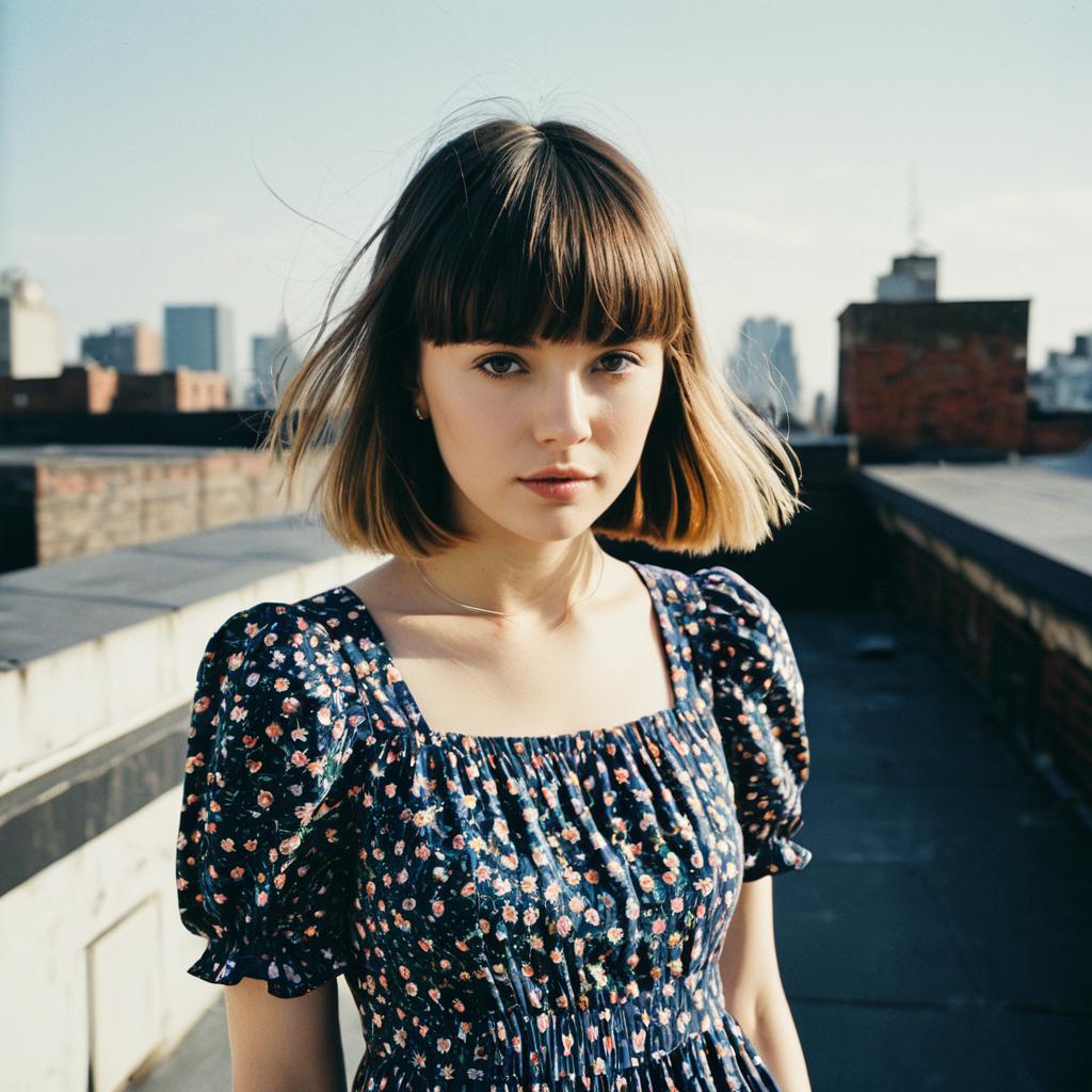 Young Woman in Floral Dress on Urban Rooftop