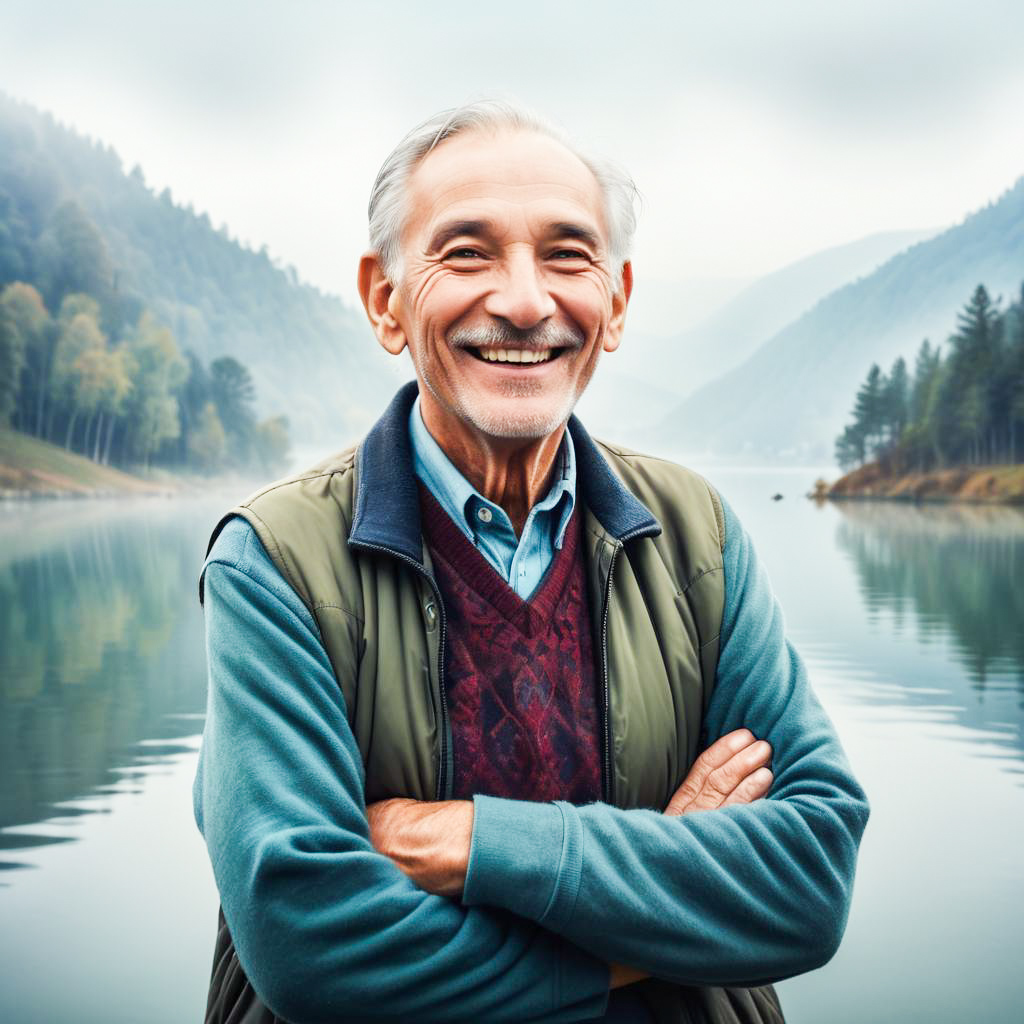 Cheerful Elderly Man by Serene Lake