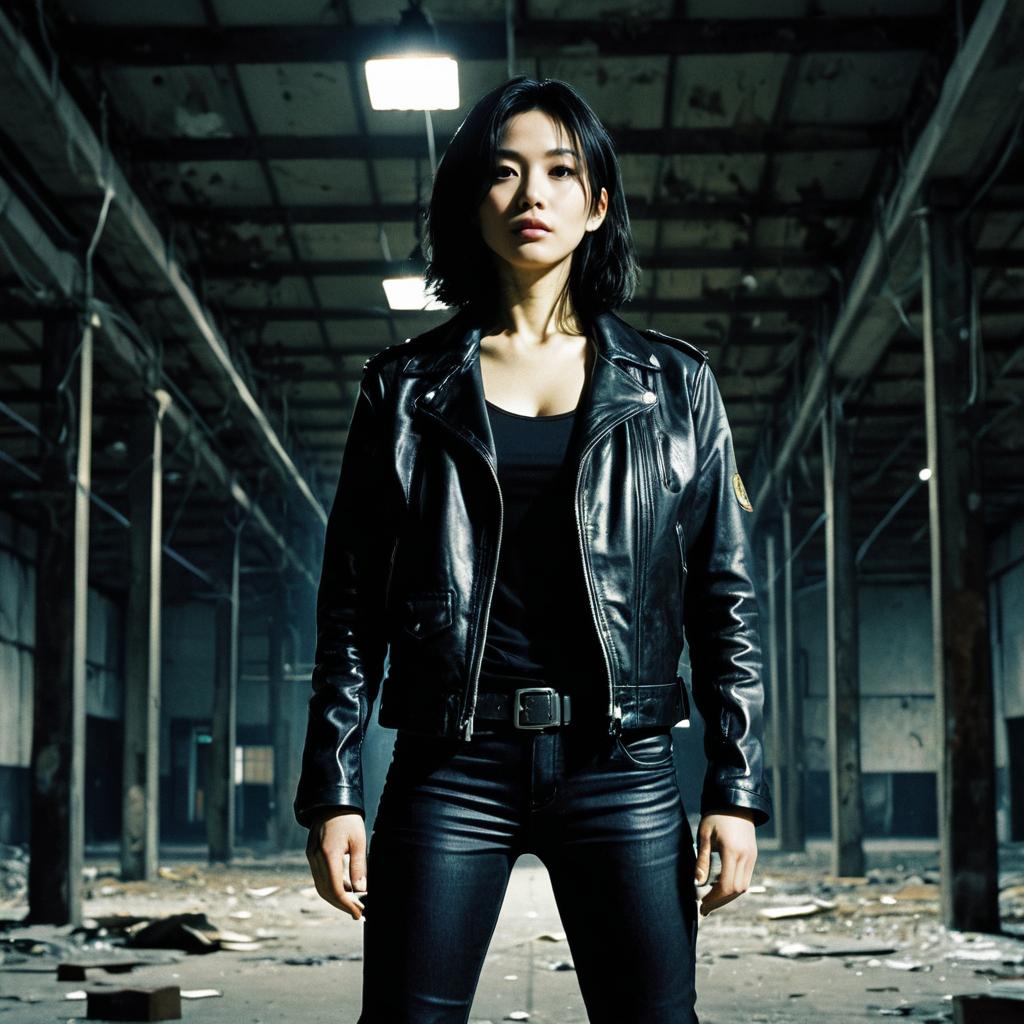 Confident Woman in Black Leather Jacket in Abandoned Warehouse