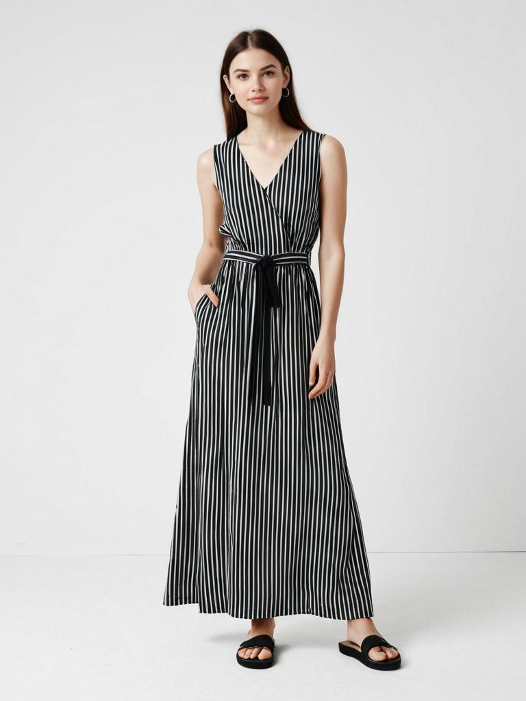 Woman in Black and White Striped Sleeveless Casual Chic Maxi Dress