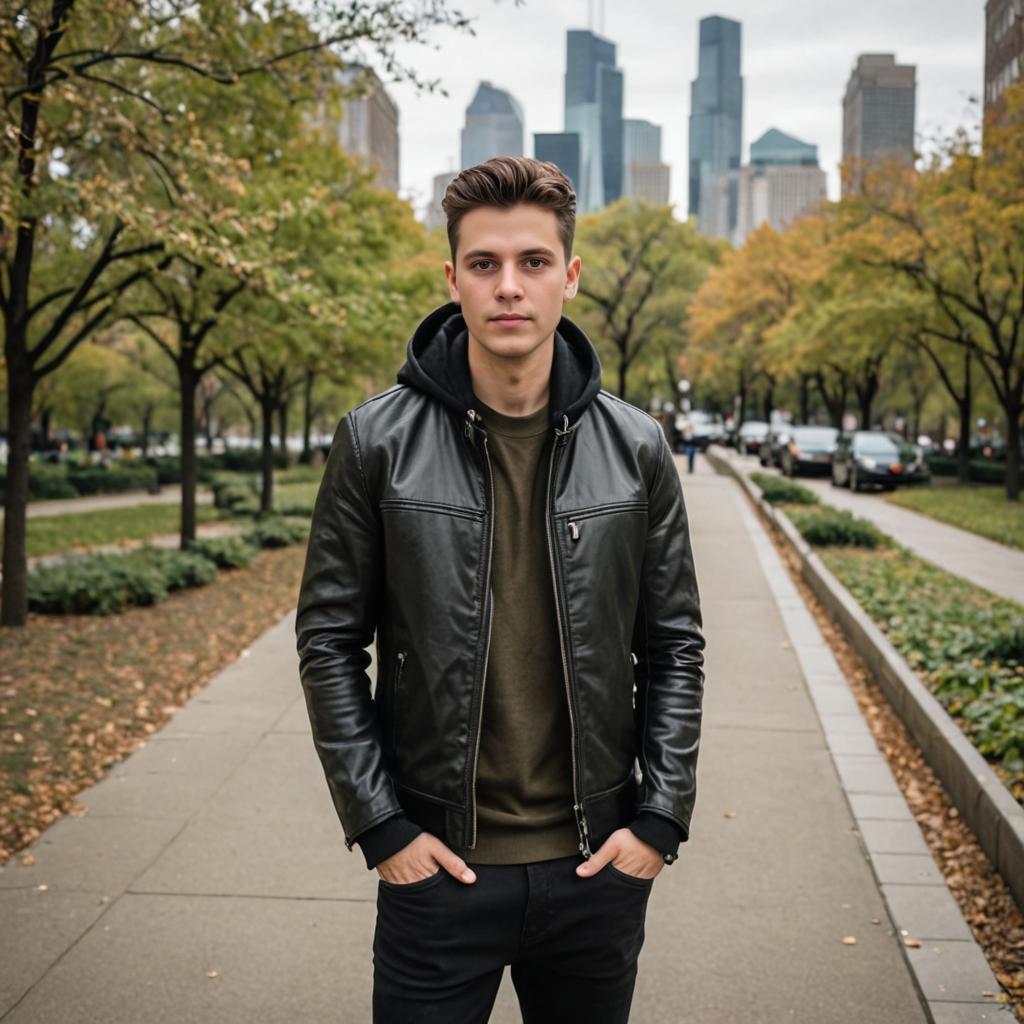 Confident Man in Black Leather Jacket in City Park