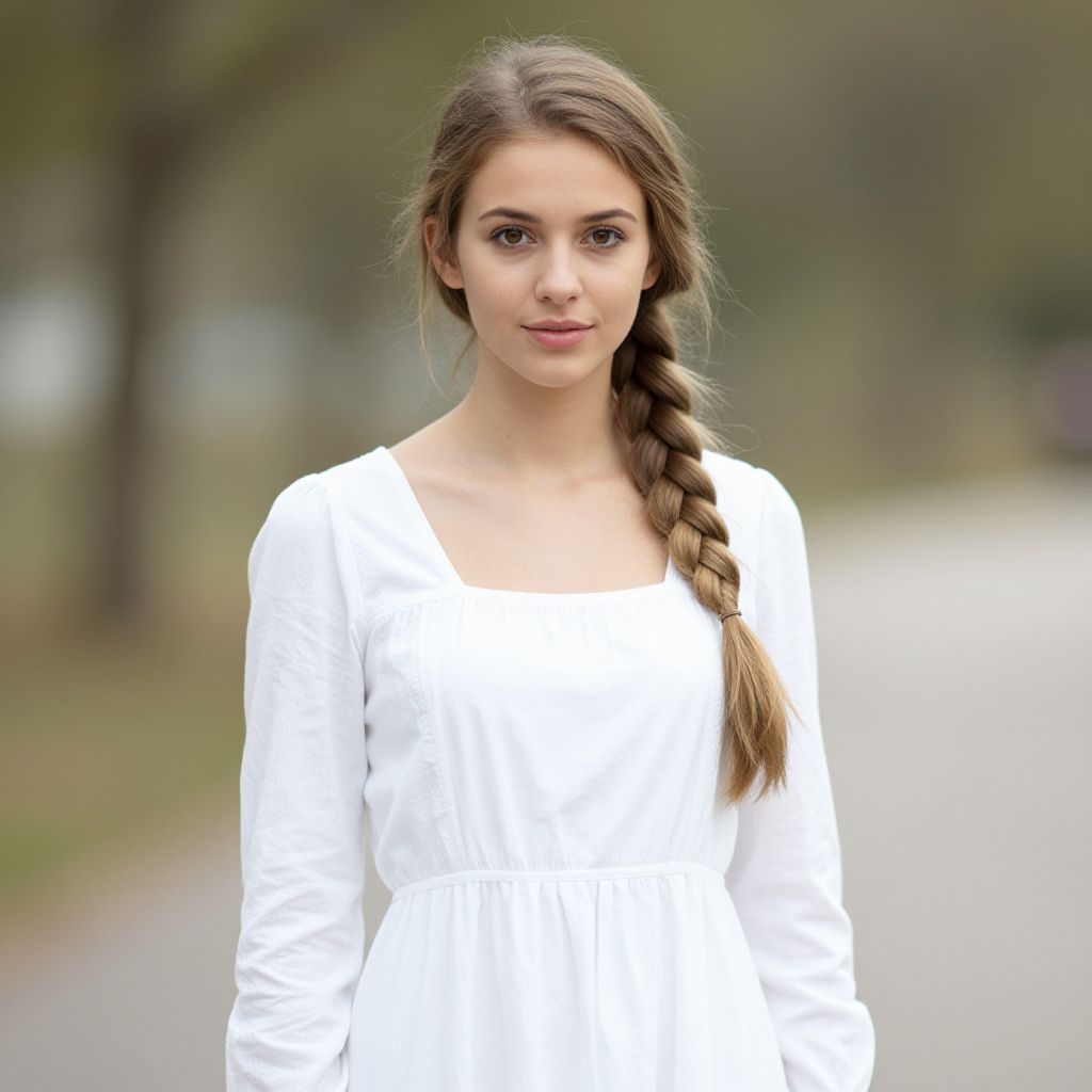 Portrait of Young Woman in White Dress with Braid Outdoors