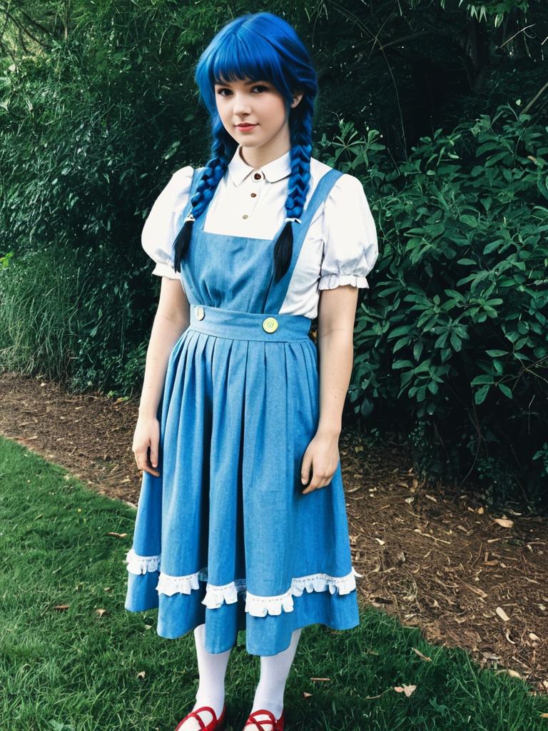 Woman in Vintage Blue Pinafore Dress with Blue Braided Hair Outdoors