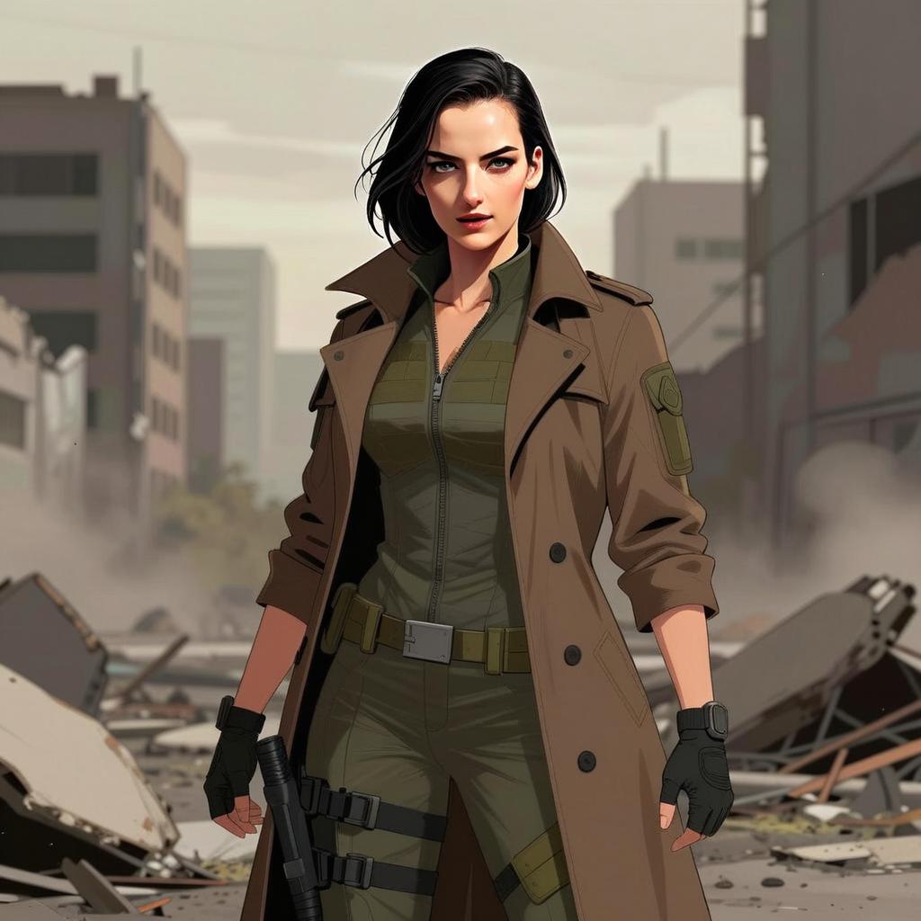 Confident Woman in Tactical Outfit Standing in Post-Apocalyptic Urban Scene