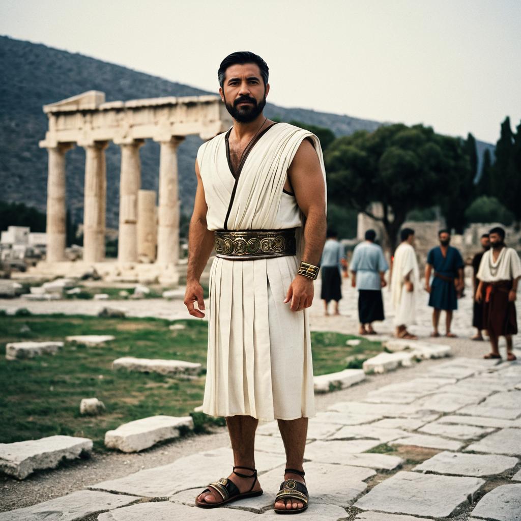 Man in Apollo Costume Standing Among Ancient Greek Ruins