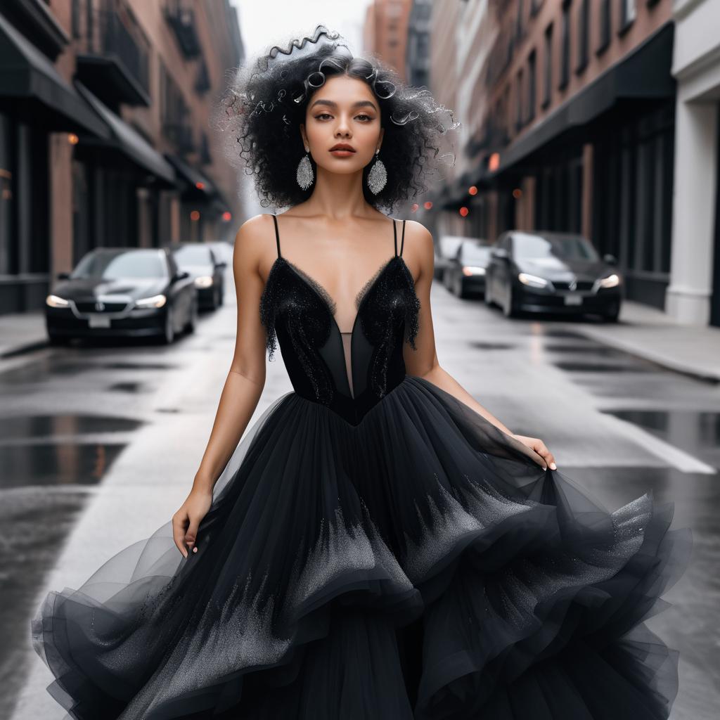 Elegant Woman in Black Gown Walking in City