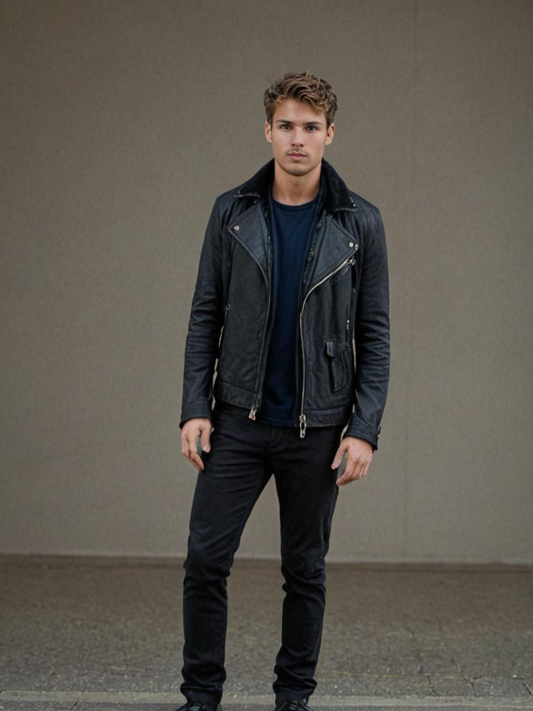 Confident Man in Black Leather Jacket