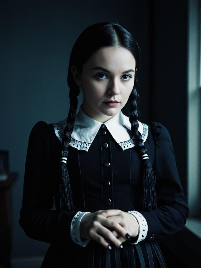 Woman in Wednesday Addams Costume Cinematic Realism Moody Editorial