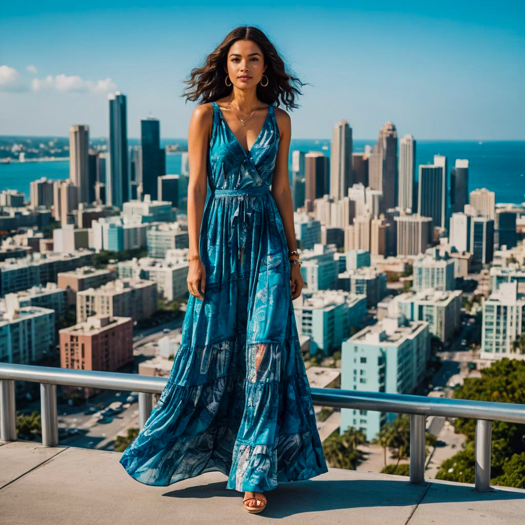 Woman in Blue Maxi Dress on Rooftop with City Skyline Background