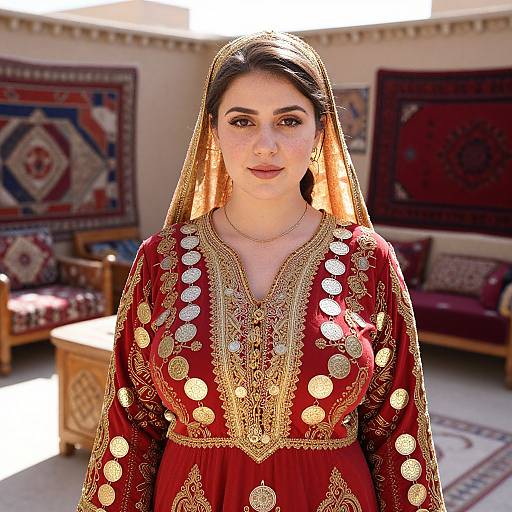 Woman in Traditional Red Embroidered Dress with Gold Coins in Courtyard