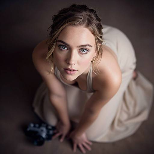 Portrait of Woman with Blue Eyes in Beige Dress Holding Camera