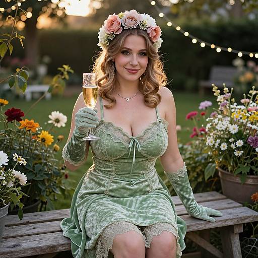 Elegant Woman in Vintage Green Velvet Dress with Floral Crown Holding Champagne in Garden