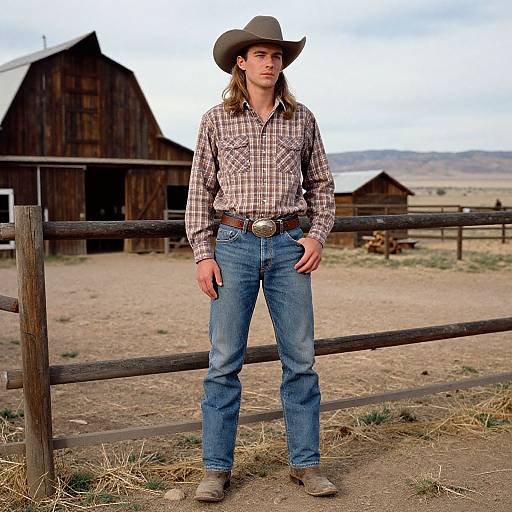 Young Cowboy Standing by Fence in Rustic Farm Landscape