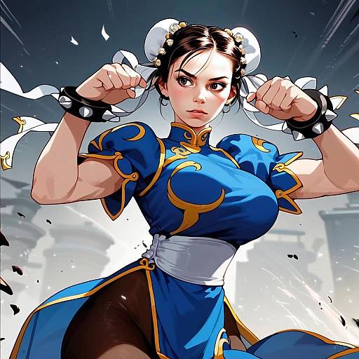 Anime Artwork of a Strong Woman in Blue Qipao Fighting Pose