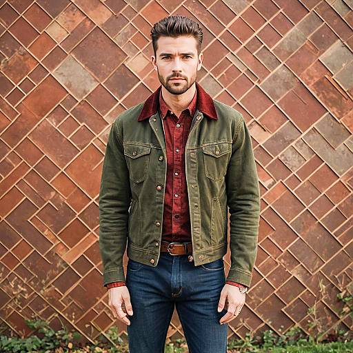 Fashionable Man in Olive Green Jacket Against Geometric Wall