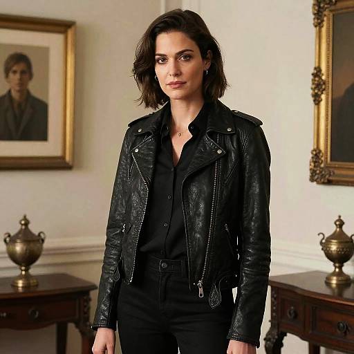 Woman Wearing Black Leather Jacket Standing in Classic Room