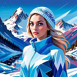 Woman in Winter Sportswear against Snowy Mountains and Lake