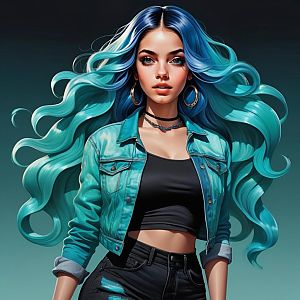 Young Woman with Aqua-Blue Hair in Teal Denim Jacket