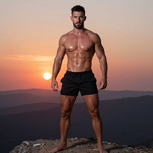 Muscular Man Standing on Rocky Hill at Sunset Fitness Outdoors