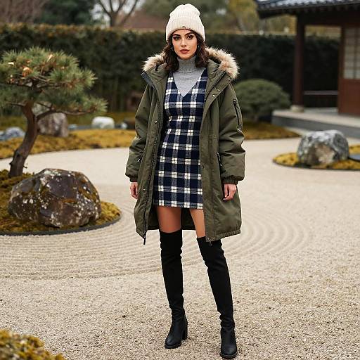 Woman Wearing Navy and White Plaid Dress with Olive Green Parka and Over-the-Knee Boots