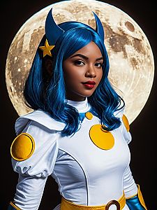 Woman in Realistic Moon Girl Cosplay Costume with Full Moon Background