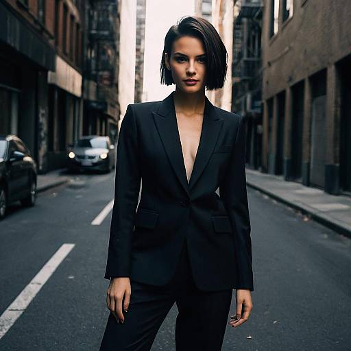 Confident Woman in Black Suit Jacket on Urban Street