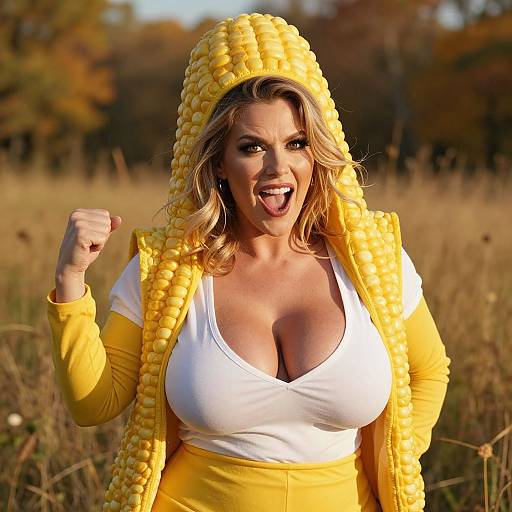 Woman Wearing Corn Cob Costume Outdoors in Autumn Field