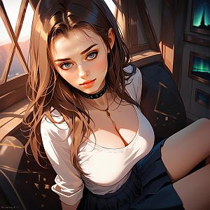 Anime Woman with Blue Eyes in Cozy Room