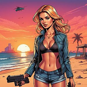 Confident Woman on Beach at Sunset with Pistols