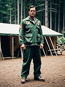 Man in Counselor Camp Uniform Standing Outdoors with Tent and Forest Background