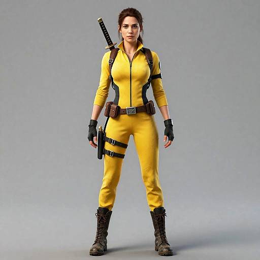 Woman in Yellow Tactical Jumpsuit with Katana and Pistol