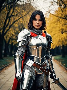 Woman in Realistic Medieval Knight Armor with Red Cape Cosplay