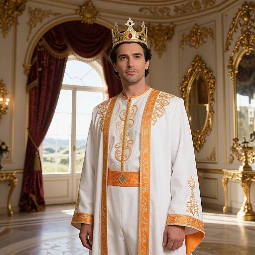 Regal Man in Ornate White and Gold Royal Robe with Crown in Elegant Palace