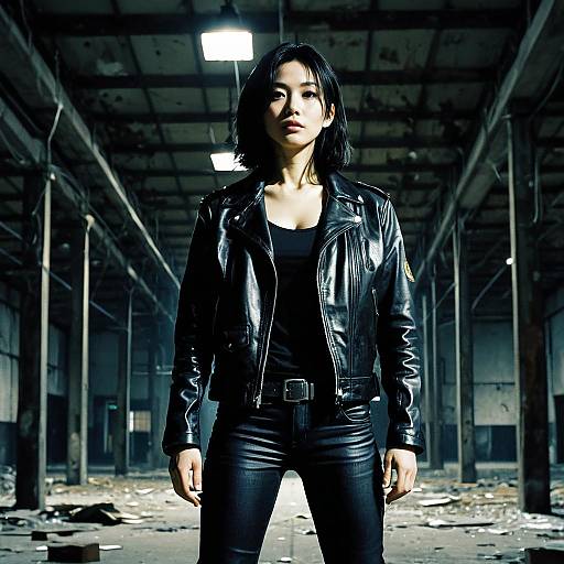 Confident Woman in Black Leather Jacket in Abandoned Warehouse