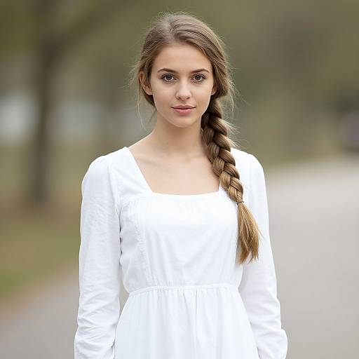 Portrait of Young Woman in White Dress with Braid Outdoors