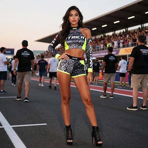 Gen Z Style Woman in Neon Sporty Outfit at Race Track Event