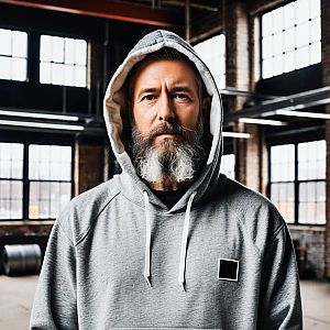 Mature man in gray hoodie, industrial setting