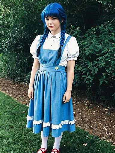 Woman in Vintage Blue Pinafore Dress with Blue Braided Hair Outdoors