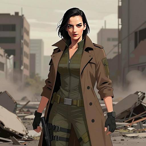 Confident Woman in Tactical Outfit Standing in Post-Apocalyptic Urban Scene