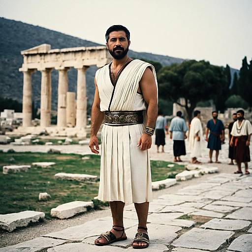 Man in Apollo Costume Standing Among Ancient Greek Ruins