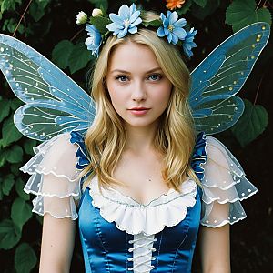 Young Woman in Blue Fairy Costume with Wings