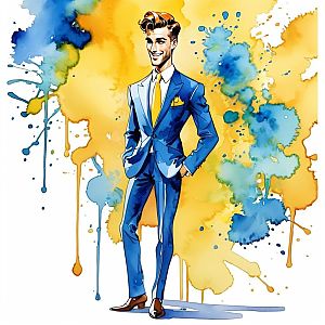 Confident Man in Blue Suit with Yellow Tie - Watercolor Illustration