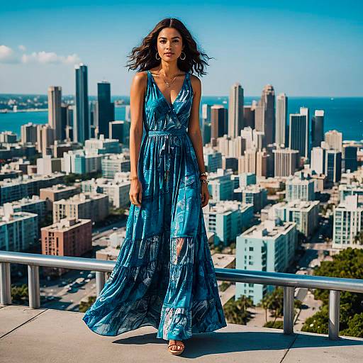 Woman in Blue Maxi Dress on Rooftop with City Skyline Background