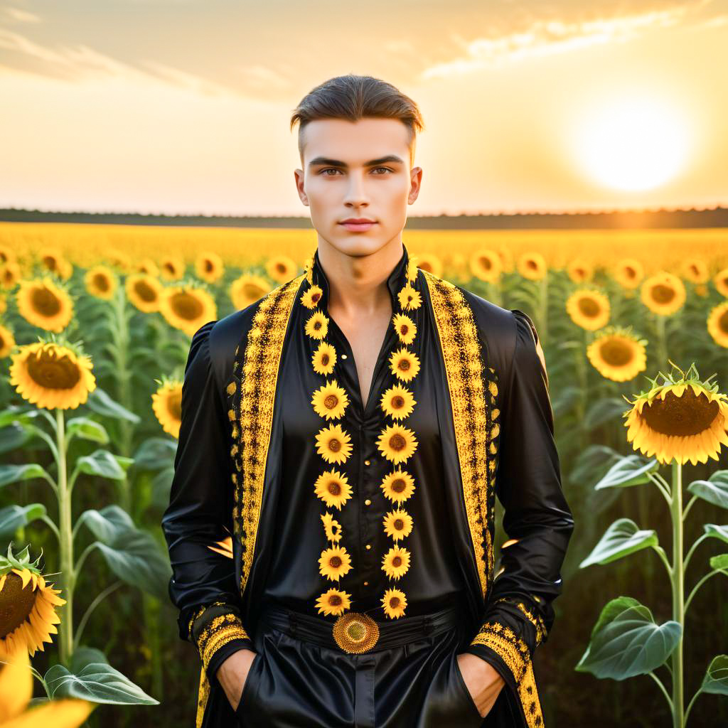 Confident Young Man in Sunflower Field at Sunset