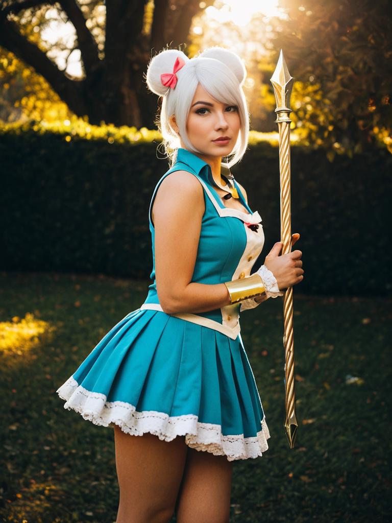 Sexy Mimi Pearlbaton Cosplay Woman Holding Golden Staff